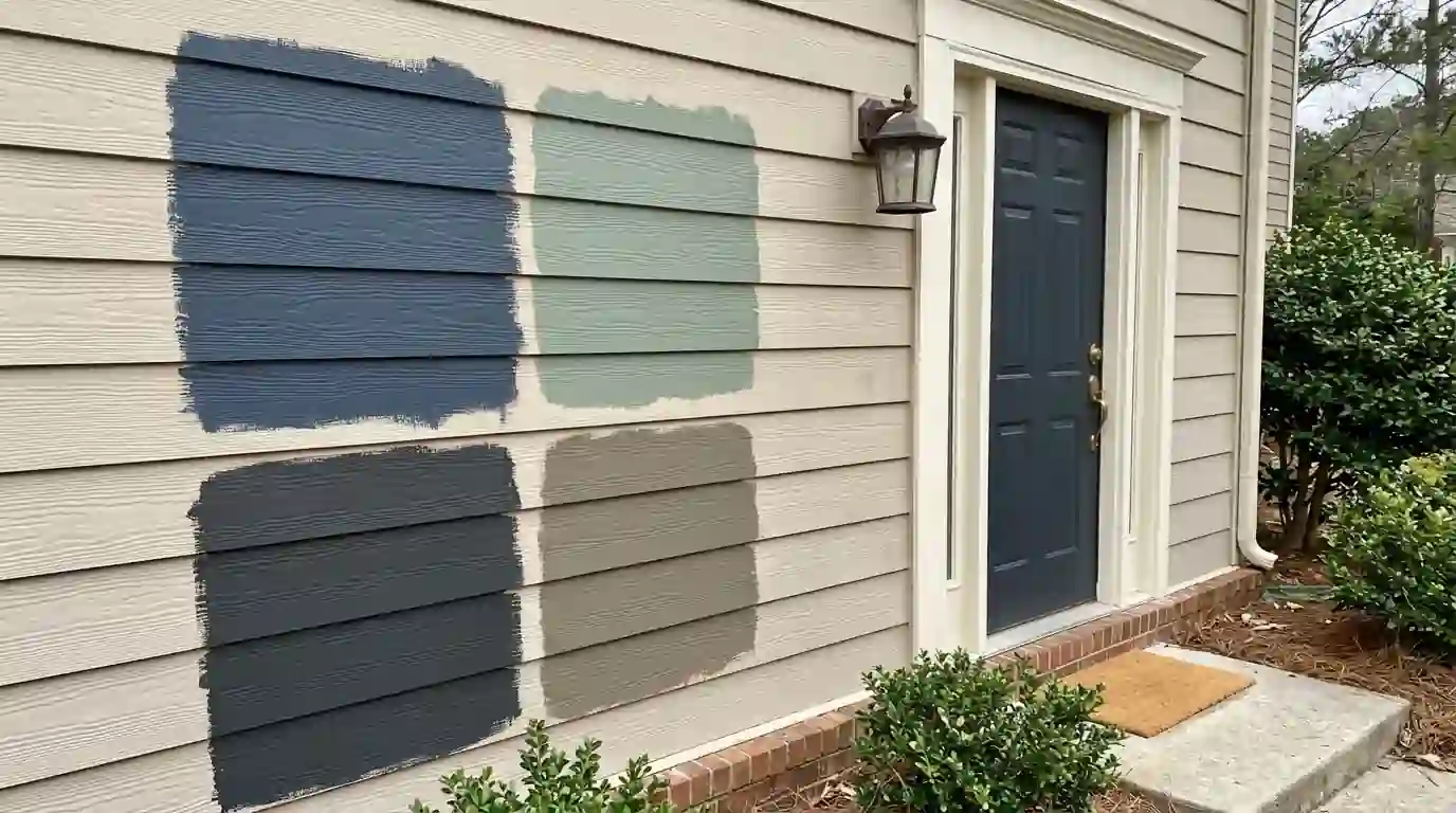 Color samples painted on townhome siding for committee approval