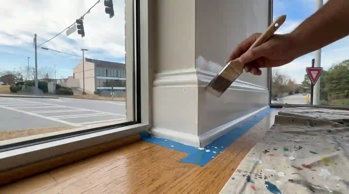 Brush applying white enamel to a tall baseboard above taped hardwood
