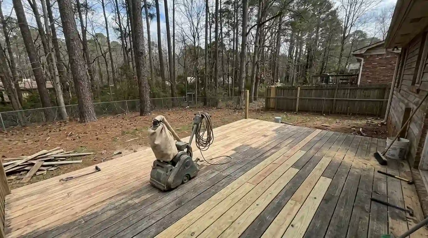 Partly sanded deck with new boards installed