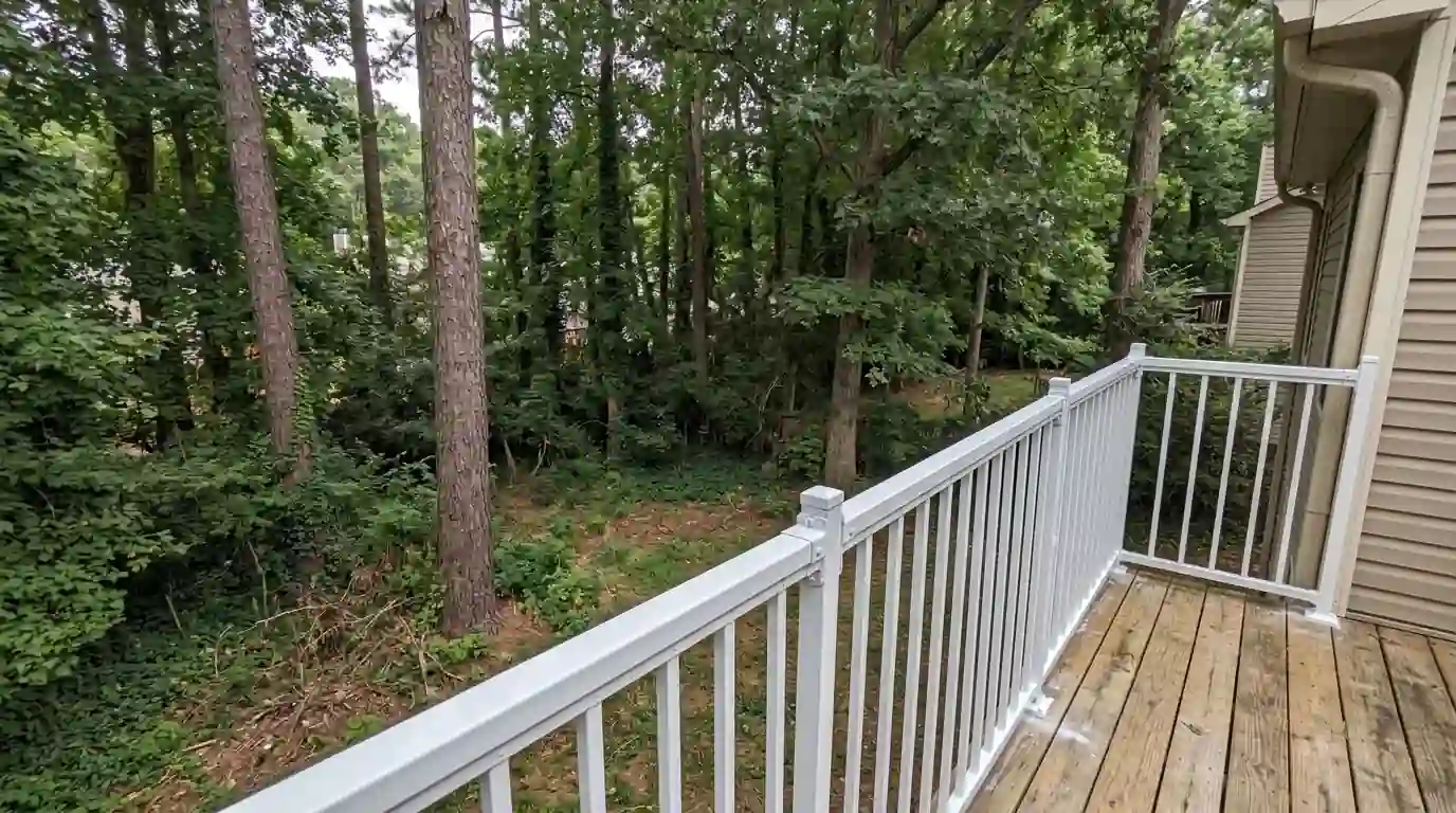 Freshly painted white aluminum deck railing