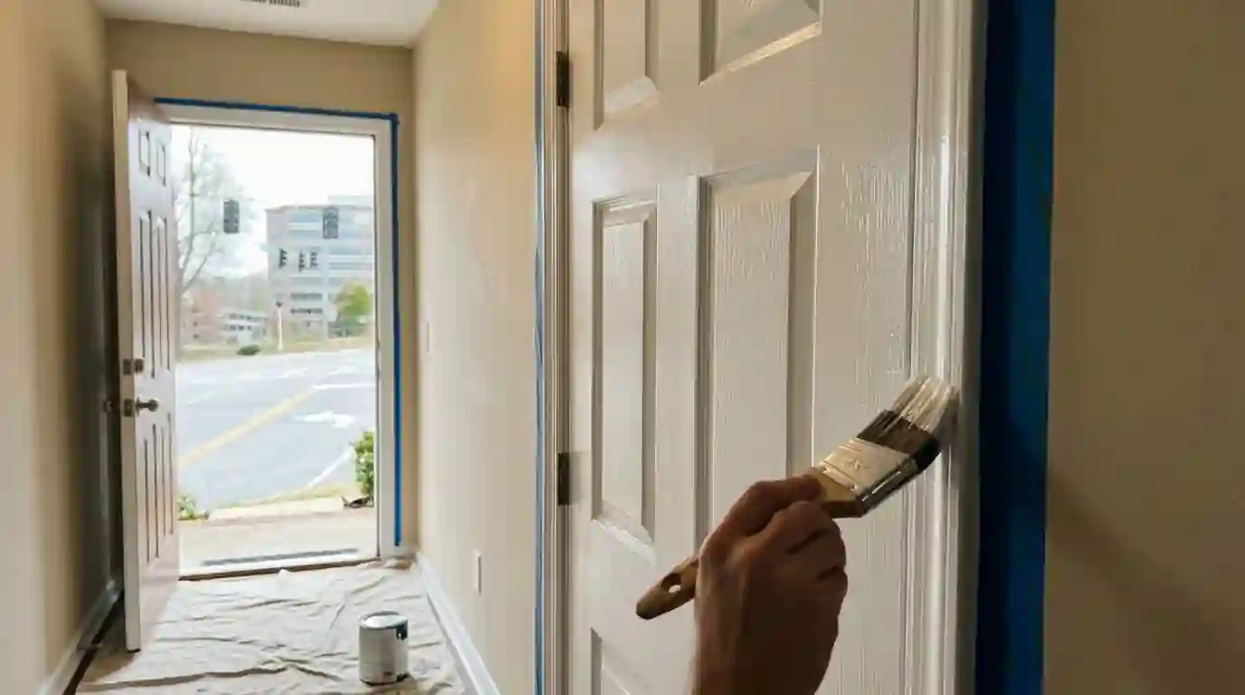 Six-panel interior door being brushed with white enamel