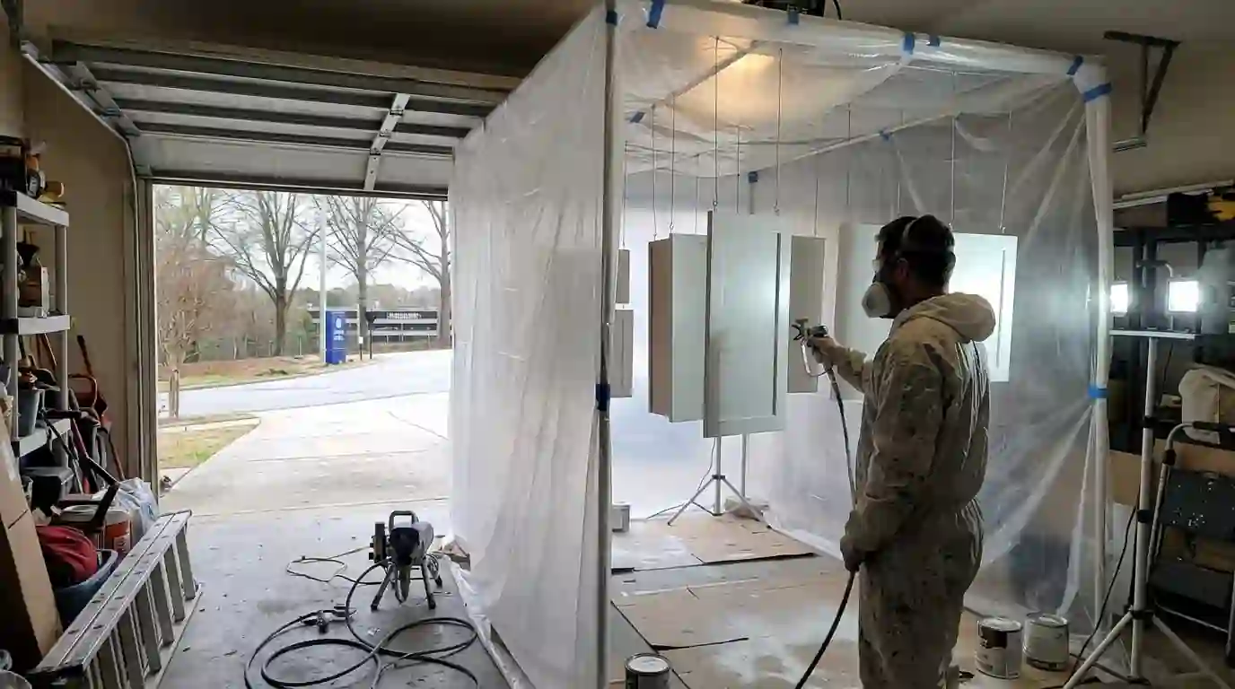 Cabinet doors being primed in a temporary spray booth