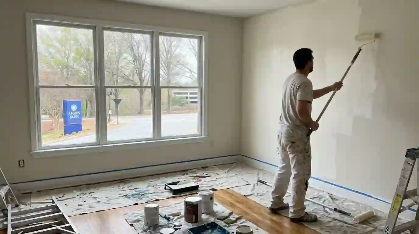 Fresh coat being rolled in an empty rental bedroom