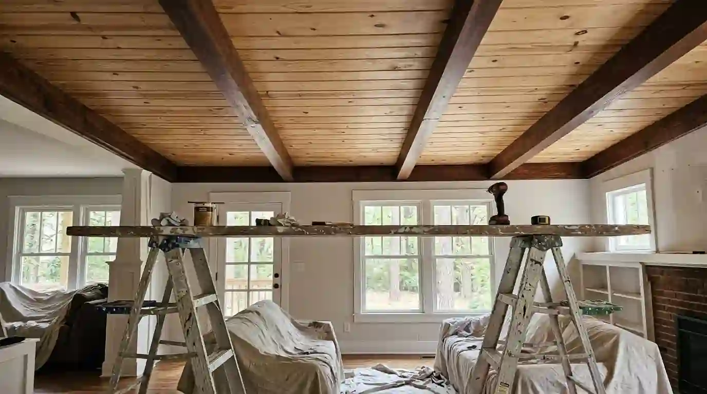 Stained ceiling beams over tongue-and-groove boards