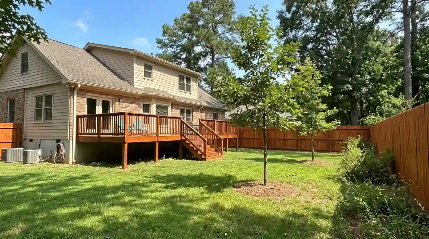 Stained privacy fence and deck behind a Rockdale County home