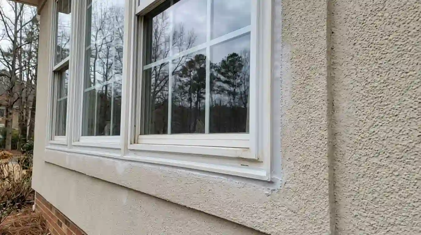 Fresh sealant around a window on a synthetic stucco wall