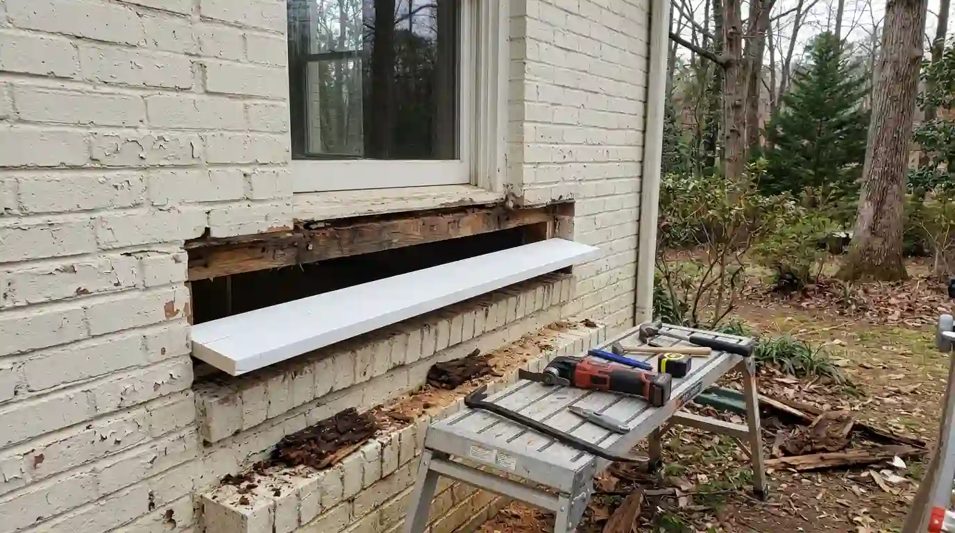 Rotted window sill being replaced with new primed wood