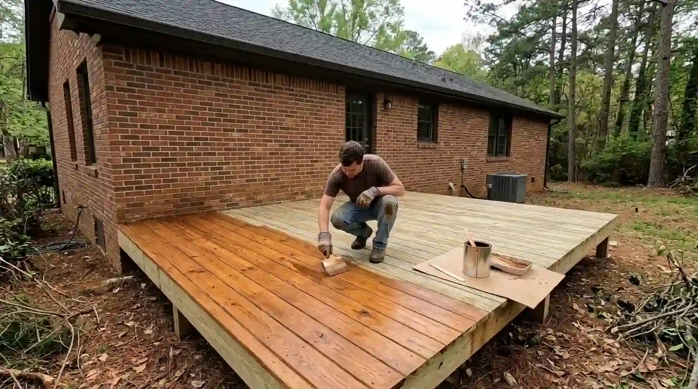 Stain being brushed onto pine deck boards
