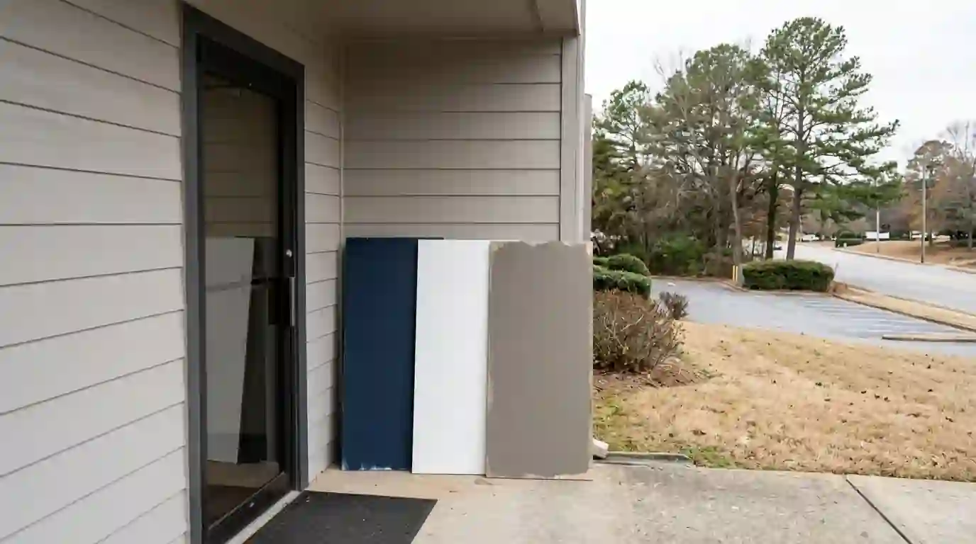 Painted sample boards leaning against siding