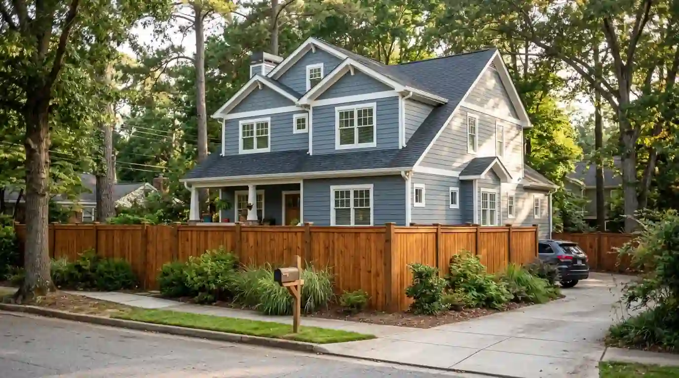 House with fresh blue-gray siding and stained cedar fence in Snellville