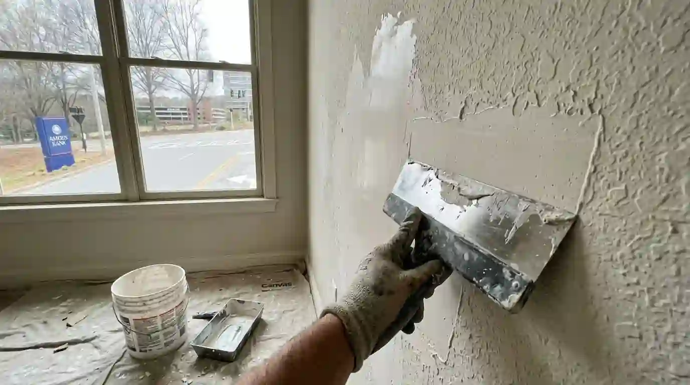 Trowel spreading a skim coat over a knockdown wall