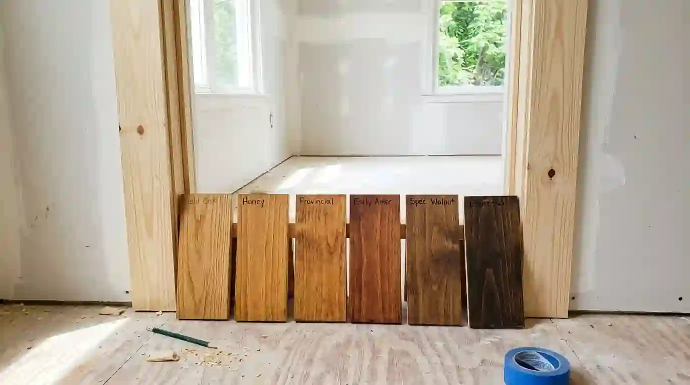 Stain test boards propped against new pine casing