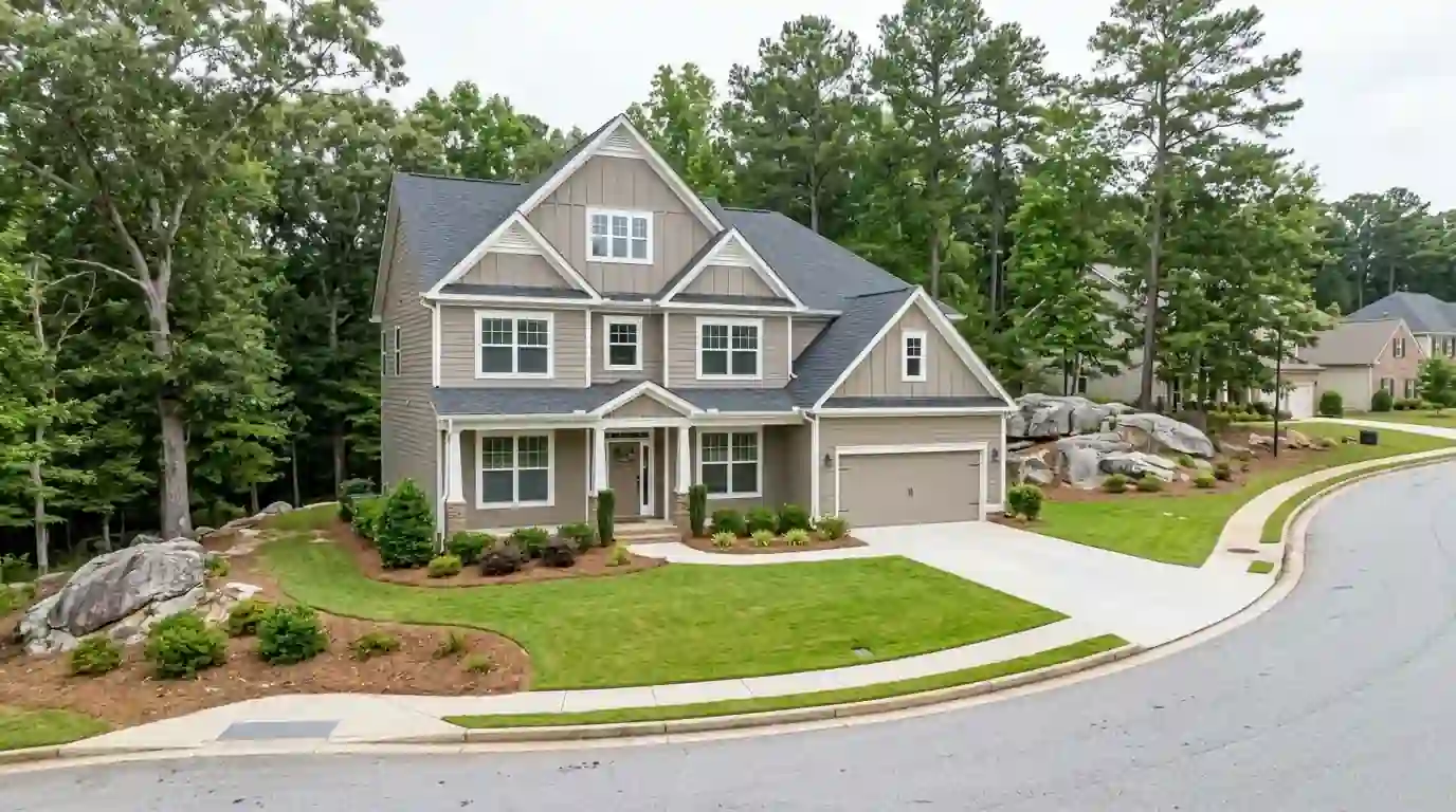 Two-story subdivision home with fresh taupe siding in Stonecrest